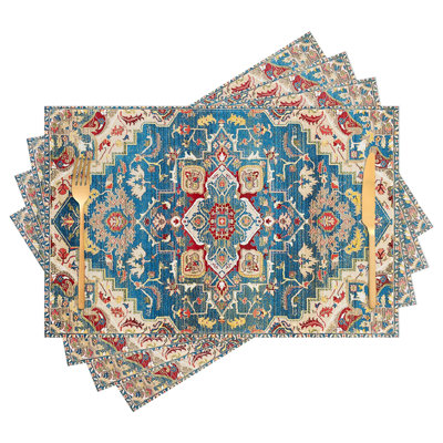 Boho Placemats Set of 4 Moroccan Bohemian Place Mats (Blue)