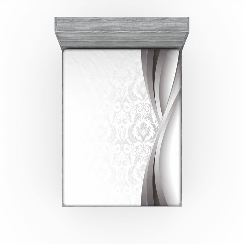 Drap-housse orange Ambesonne, Drap-housse de taille double, Gris / gris pâle / damas blanc