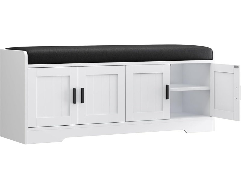 Banc de rangement 45 po avec coussin à 2 niveaux et coussin rembourré, White