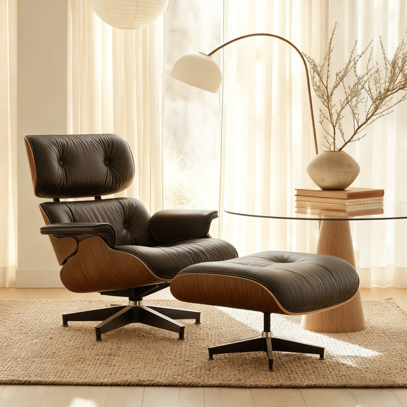 Leather Swivel Accent Chair With Ottoman, Naturalwood/BlackPU