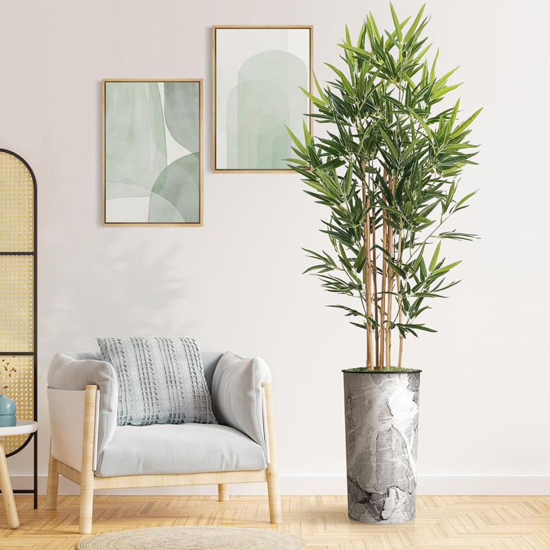 Artificial Tree in Contemporary Geometric Pattern Planter Fake Bamboo Silk Tree Plant Pot Plus Tree, Marble Dark Gray