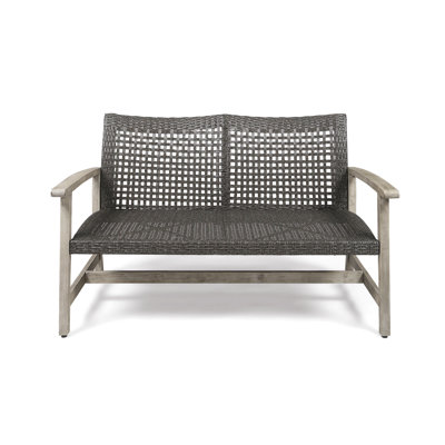 Outdoor Acacia Wood Wicker Loveseat, Patio Furniture Conversation Set For Backyard