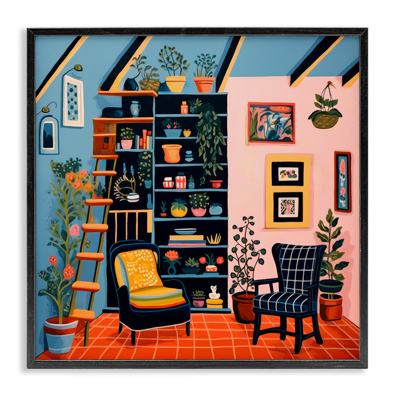 Bibliothèque, scène et plantes, estampe numérique encadrée par Lazar Studio, H 12 po x l 12 po, Giclée encadrée noir minuit