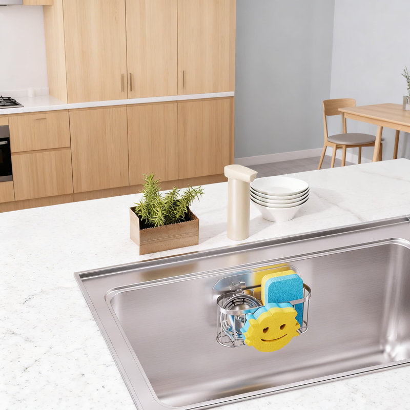 Porte-éponge Smiley Face pour évier de cuisine, support pour organisateur d'évier en acier inoxydable avec ventouses amovibles et bandes adhésives, conception à drainage rapide pour éponges et brosses