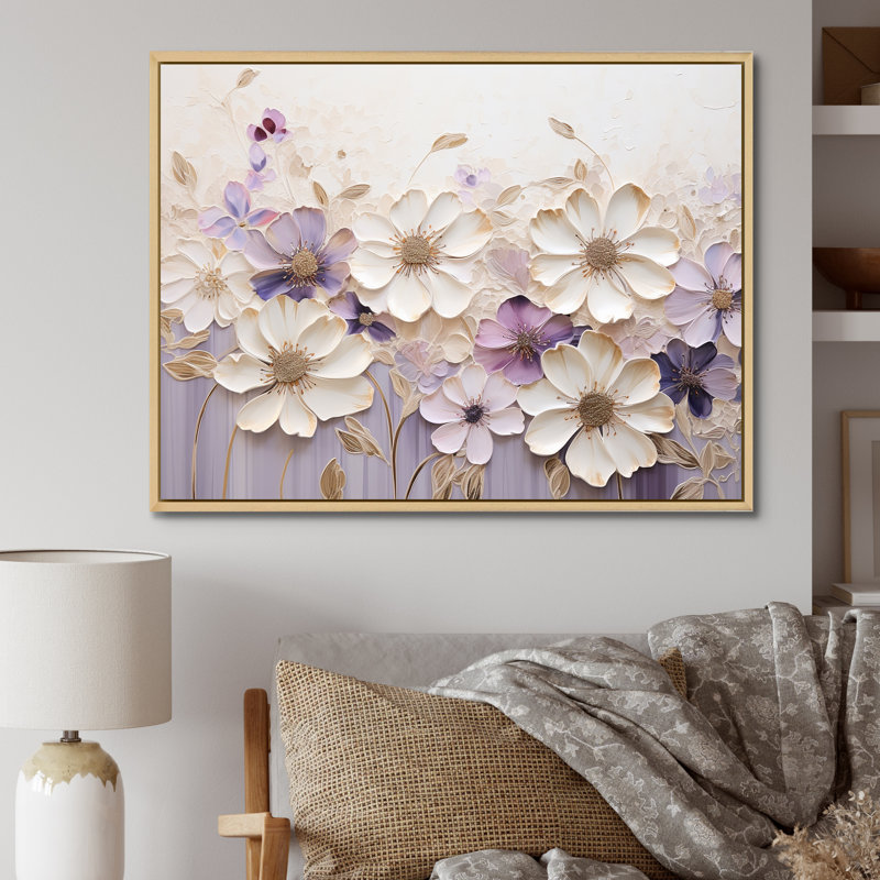 Violettes ornées beige et mauve I - Violettes, reproductions encadrées, 16" H x 32" W, Cadre naturel flottant