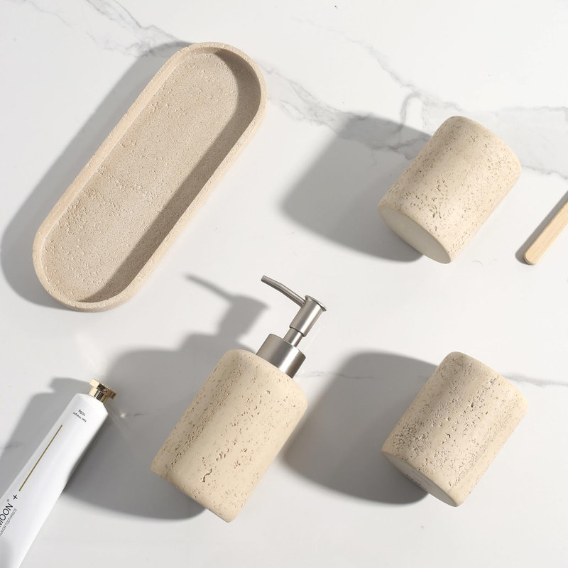 Ensemble d'accessoires de salle de bain, ensemble d'accessoires de salle de bain moderne 5 pièces avec distributeur de savon, porte-gobelet et porte-brosse à dents, support Cotton Swab, plateau