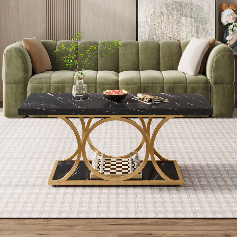 Mattheu Rectangle Faux Marble Coffee Table with Storage , Black
