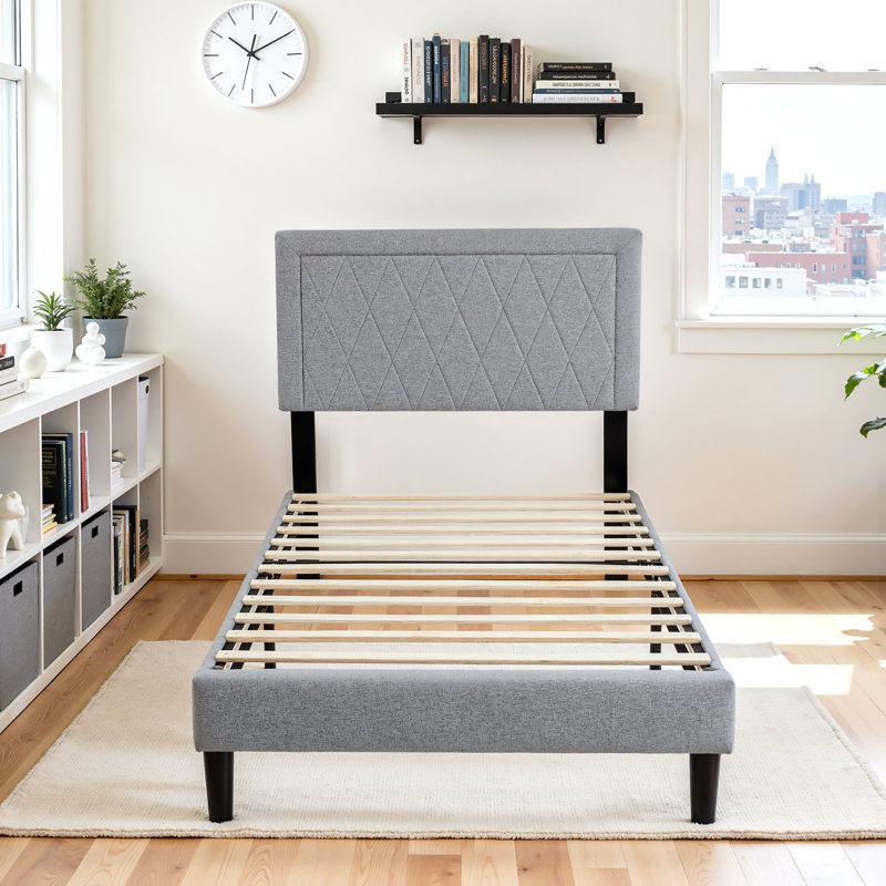 Solid Wood Twin Upholstered Platform Bed Frame With Headboard, No Box Spring Needed And Easy Assembly, Gray, Gray, Twin
