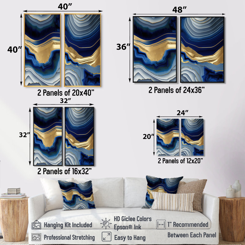 Vibrant Blue And Gold Flow Art I - Abstract Transitional Wall Art 2 Pieces, Floater Framed Print, Black, 36" H x 48" W