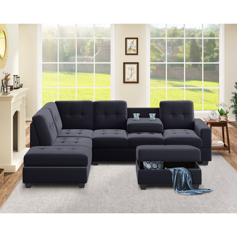 Modern Sectional Sofa With Reversible Chaise, Black Velvet