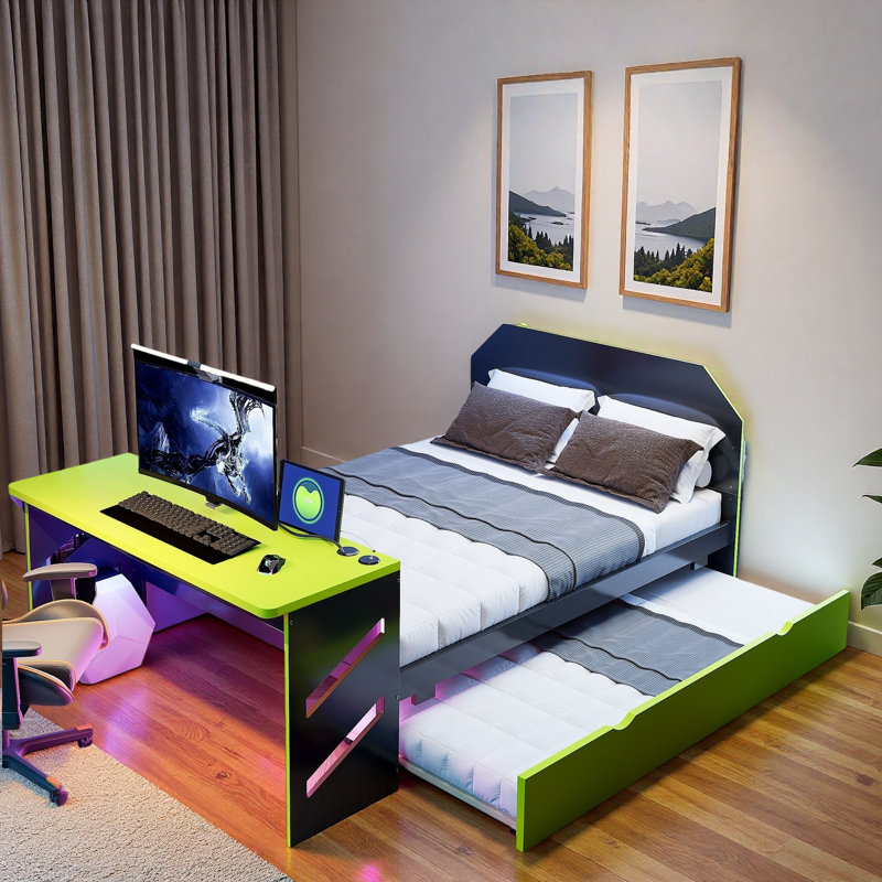 Lit de jour en bois avec couchette, bureau et port USB, Vert