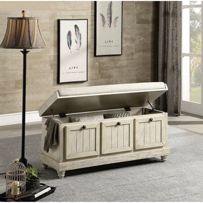 Banc de rangement rabattable avec quincaillerie bronze foncé et housse de coussin beige en bois massif