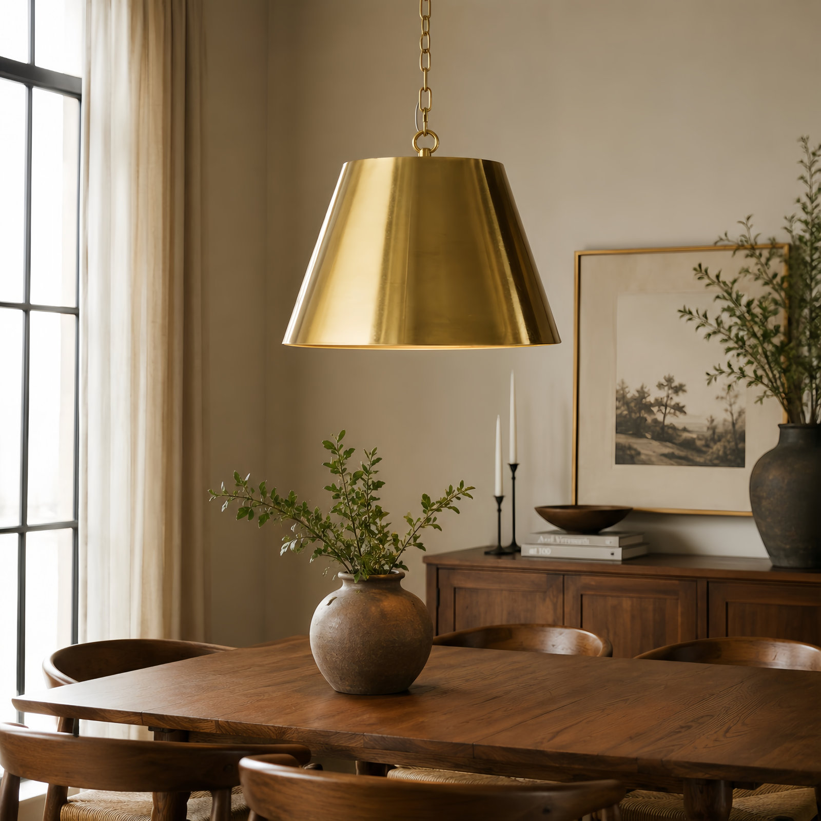 Dimmable Cone Single Light Pendant, Polished Brass, 16" H x 20" W x 20" D