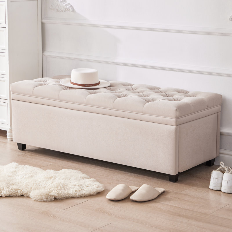 50" Storage Ottoman Bench Tufted With Storage For Living Room, Beige, Beige