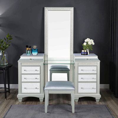 Glam Style Vanity W/ Stool Set Acrylic Handles Felt Lined Top Drawers Ball Bearing Glides Power Outlet Led On Mirror Gray Finish Bedroom Furniture