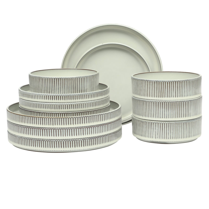 Gibson Elite 12 Piece (Service for 4) Townscape Plates and Bowls Reactive Glaze Embossed Round Dishes Terracotta Ceramic Dinnerware Set