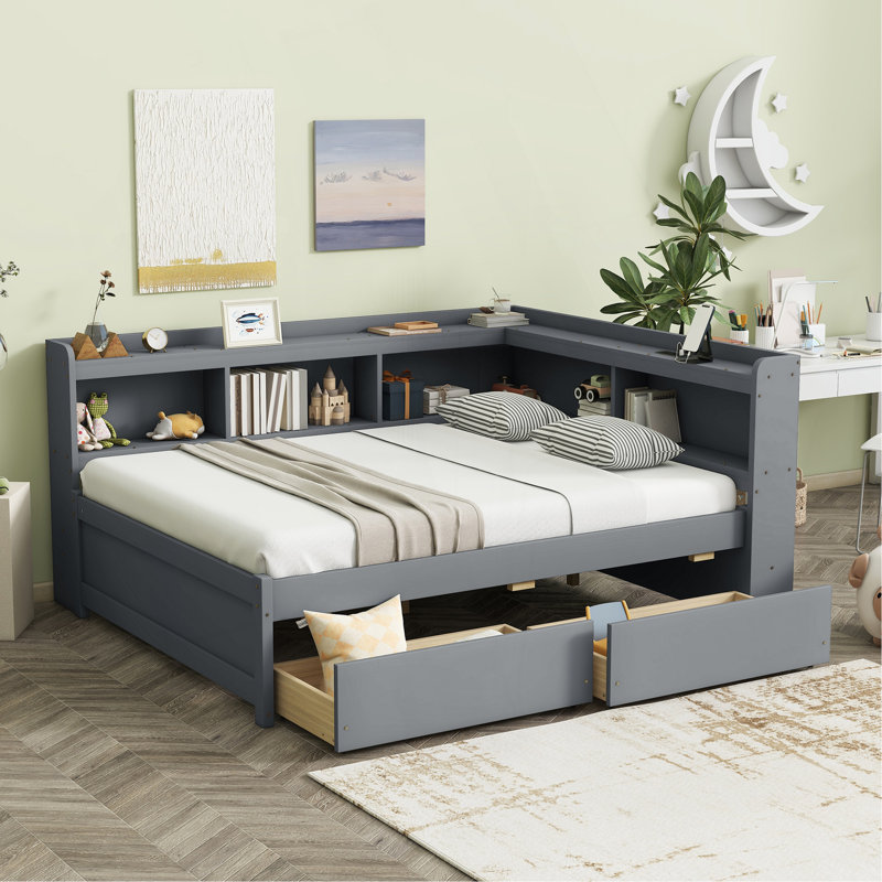 Lit double en forme de L avec bibliothèques, prises de courant USB, deux tiroirs, Lit double, Gris