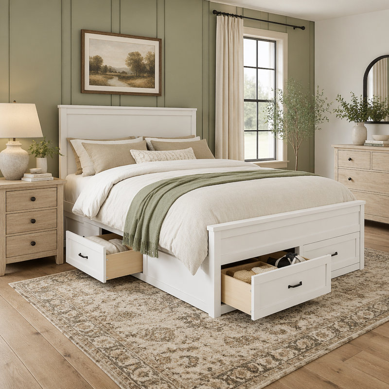 Structure de lit plateforme moderne avec 6 tiroirs sous le lit, grande tête de lit à panneaux, fabrication en bois massif et en bois d'ingénierie, support de lattes en bois, mobilier de chambre peu encombrant, aucun sommier requis