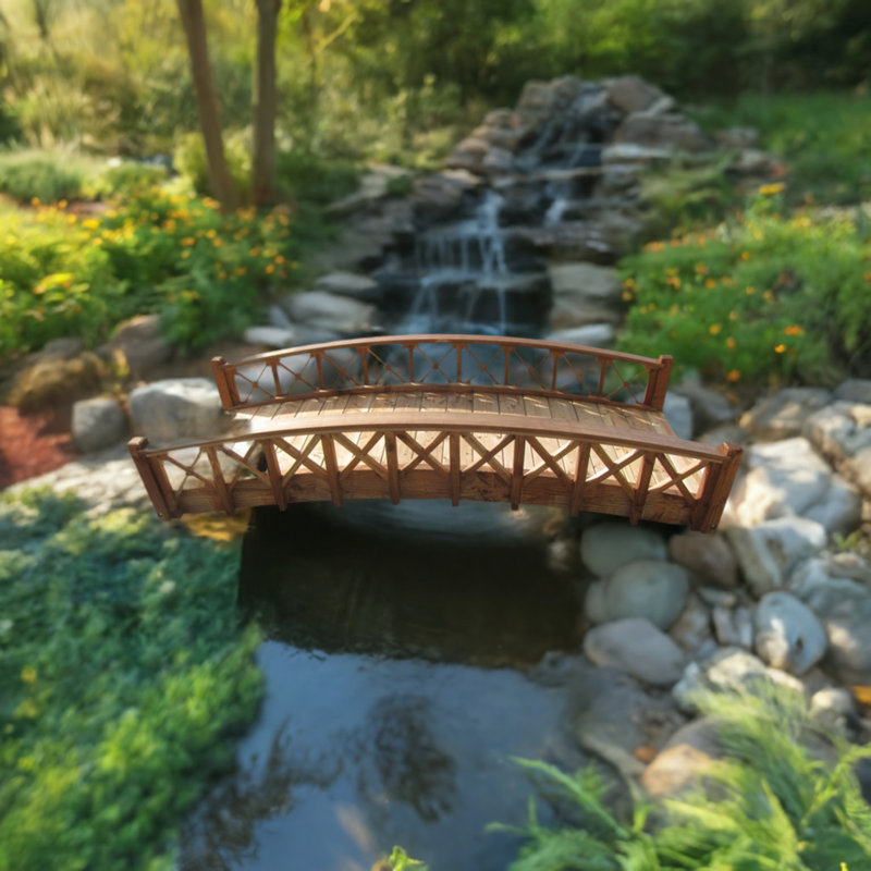 Gracefully Arched Wooden Garden Bridge with Lattice Railing