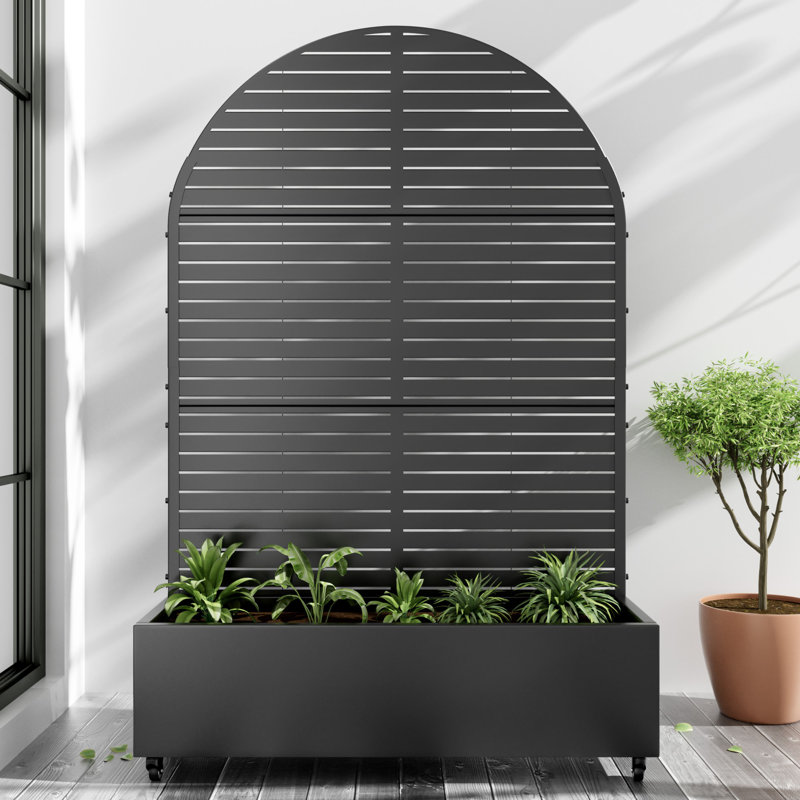 Arch Metal Planter Box with Trellis with Wheels, 72" H x 47" W x 16" D, Black