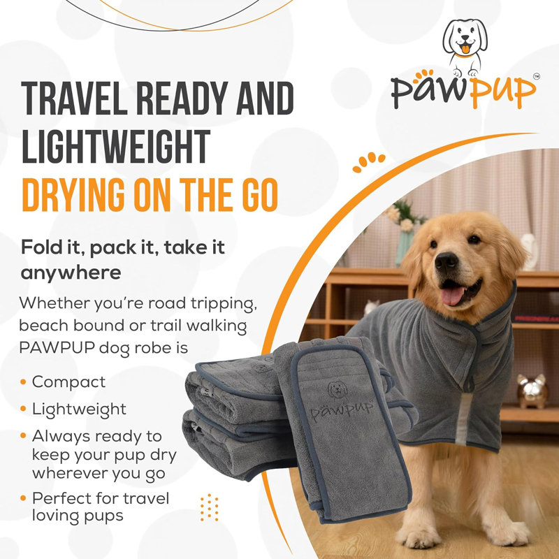 PAWPUP Dog Drying Coat Double Layer Soft and Ultra Absorbent Microfiber Dog Robe Dries in 20-30 Min, Grey, LARGE