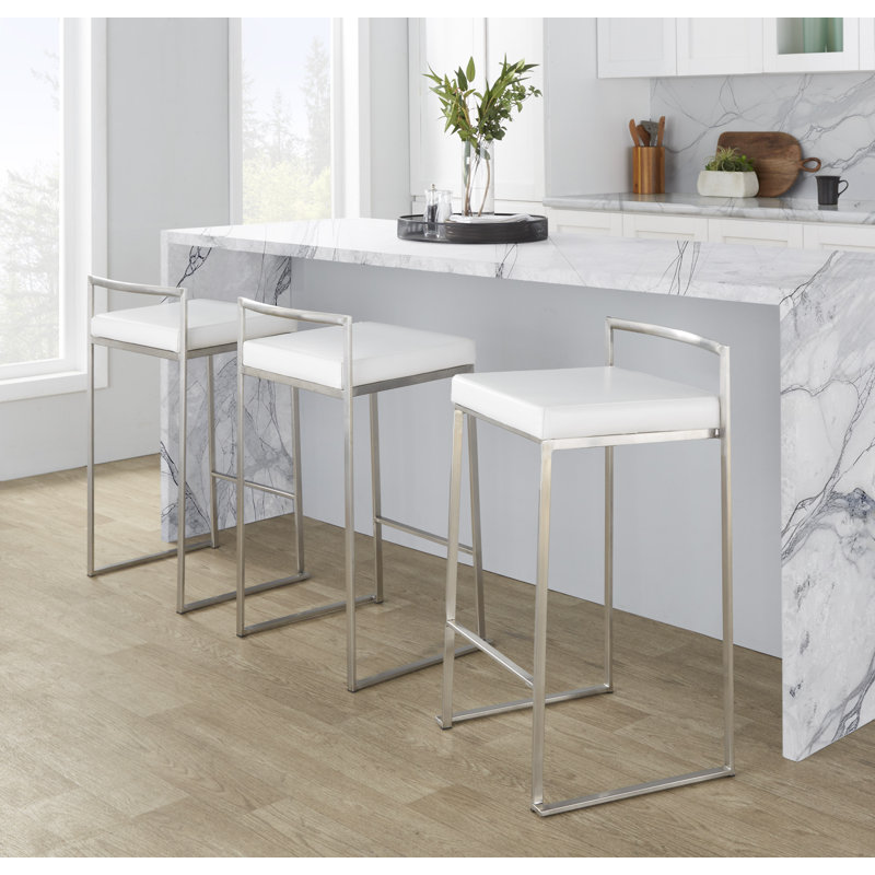 Derik Low Back Stool, Stainless Steel, White Faux Leather, Counter Stool (27" Seat Height)