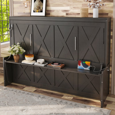Grand lit escamotable avec bureau, station de charge USB et lumières DEL, gris foncé