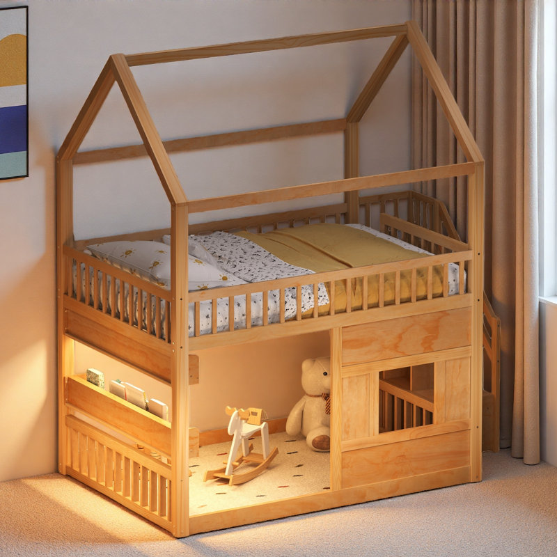 Lit de maison en bois avec lumière de tablette à DEL intégrée, barrières de sécurité et échelle robuste, Naturel