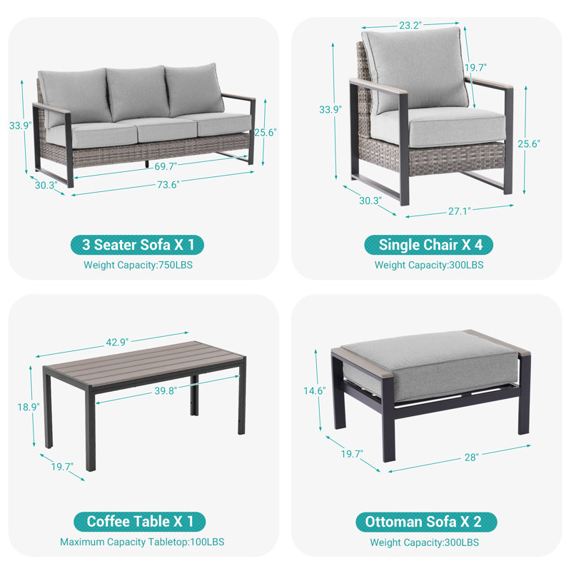 8 Piece Patio Conversation Sofa Set, PE Rattan Conversation Set, Linen Gray