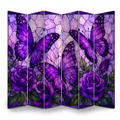 Paravent pliant à 6 panneaux, motif papillons et roses violet royal, séparateur de pièce autoportant en toile, cloison de protection pour plus d'intimité