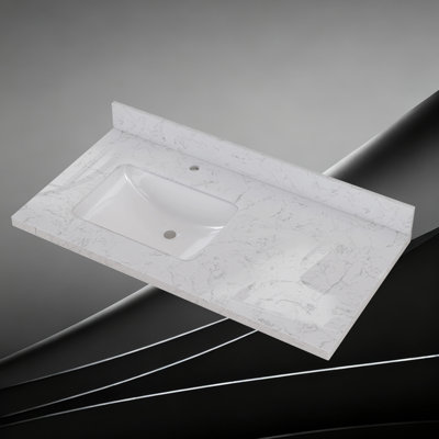 42'' W X 22'' D Engineered Stone Carrara White Vanity Top Single Sink Left Drain Bathroom Countertop Rectangular Undermount Ceramic Sink with Single Pre-drilled Faucet Hole & 4 In. H Backsplash
