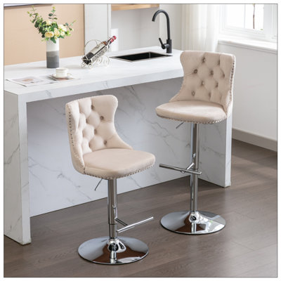 2PCS Velvet Swivel Tufted Back Barstools With Metal Silver Base