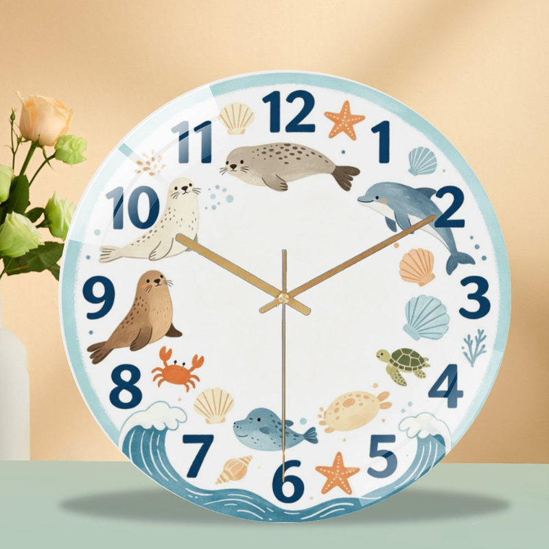 Horloge murale silencieuse en verre trempé de 30 cm, « Horloge Animaux marins », sans tic-tac, fonctionne avec des piles AA (non incluses), décoration artistique pour la maison