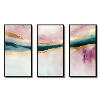 Géode abstraite rose et marbre vert IV - 3 pièces sur toile