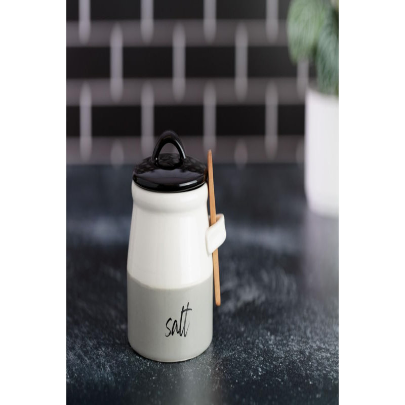 Salière avec couvercle et cuillère 10 oz - Salière en céramique fabriquée à la main avec couvercle de 1,75 po et cuillère en bambou de 3 po - Récipient à sel élégant pour le décor de la cuisine