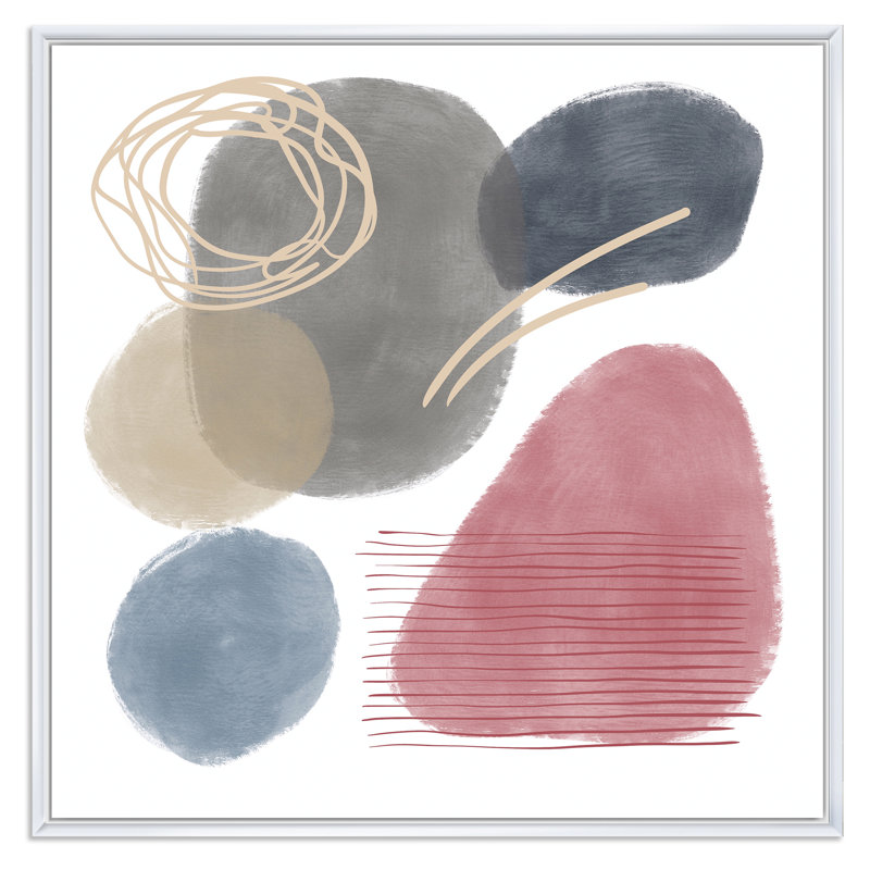 Éléments abstraits rouges, bleus et gris organiques - Peinture sur toile, H 16 po x l 16 po x P 1 po, Cadre flottant blanc