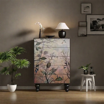 Walnut Wood Cabinet with 5 Drawers and Storage