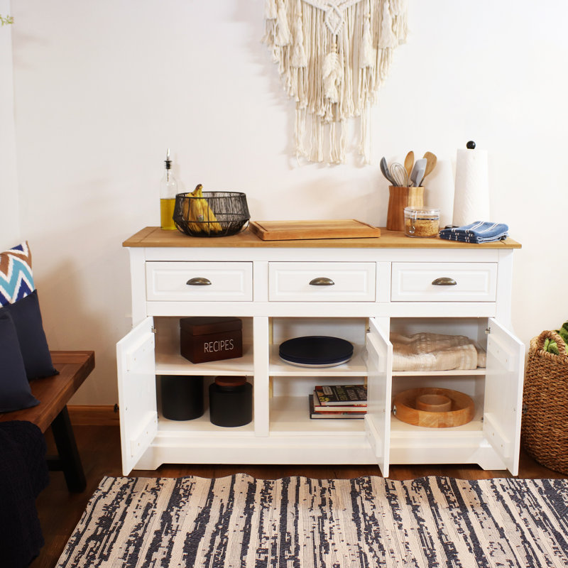 Buffet 52 "en pin massif avec 3 portes, 3 tiroirs et tablette réglable, Blanc / brun