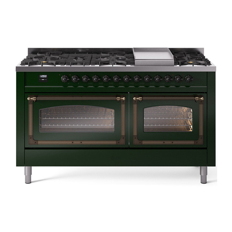 ILVE Nostalgie II Noblesse 60 in Dual Fuel Range, 9 Burner, Griddle, Emerald Green/Burnished, Natural Gas