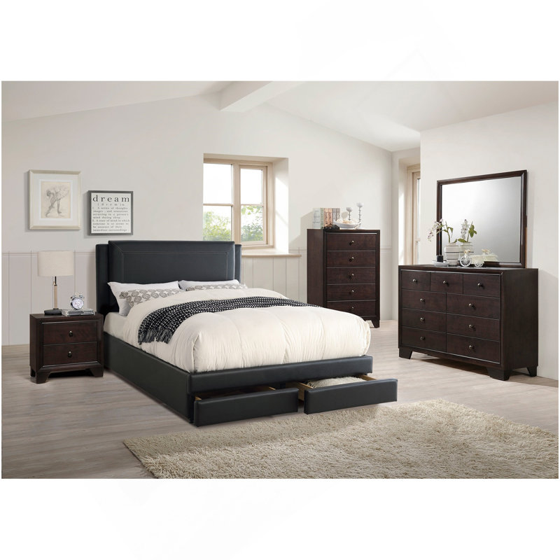 Ensemble de lit 1 pièce noir luxueux grand lit avec tiroirs de rangement FB Modern, Grand lit