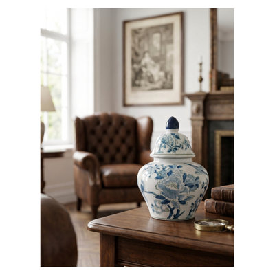 Vase décoratif en porcelaine bleue et blanche avec couvercle et gingembre H 10,2 po