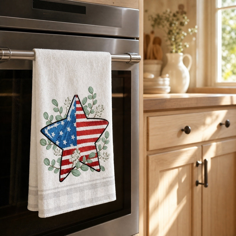 Patriotic Star Flag Microfiber Kitchen Towel Set Of 2, Absorbent Hand Towel For Independence Day Decor, White