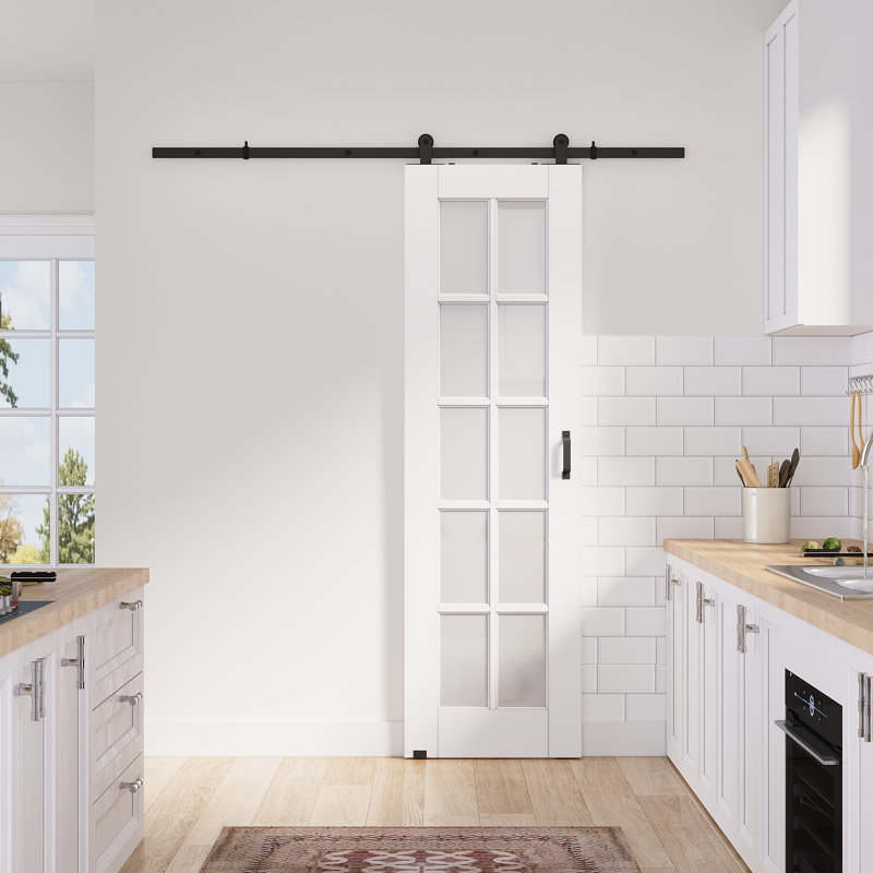 Surface pré-finie avec dalle de porte blanche 10 Lite avec toute la quincaillerie de porte de grange, 24 po x 80 po