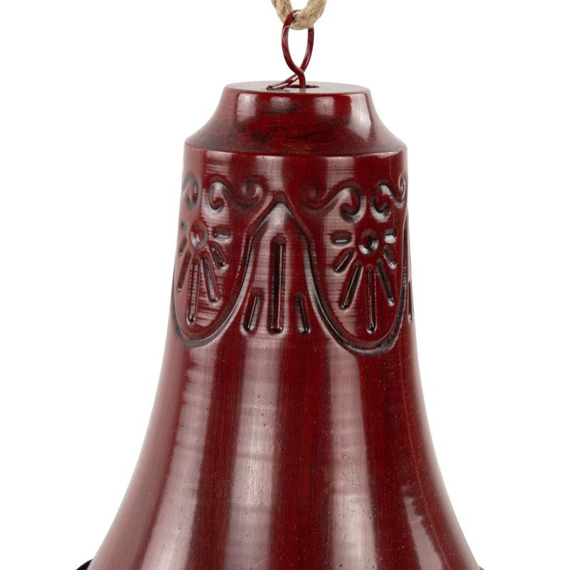 Burgundy Embossed Metal Christmas Bell Ornaments with Jute Rope - Set of 2
