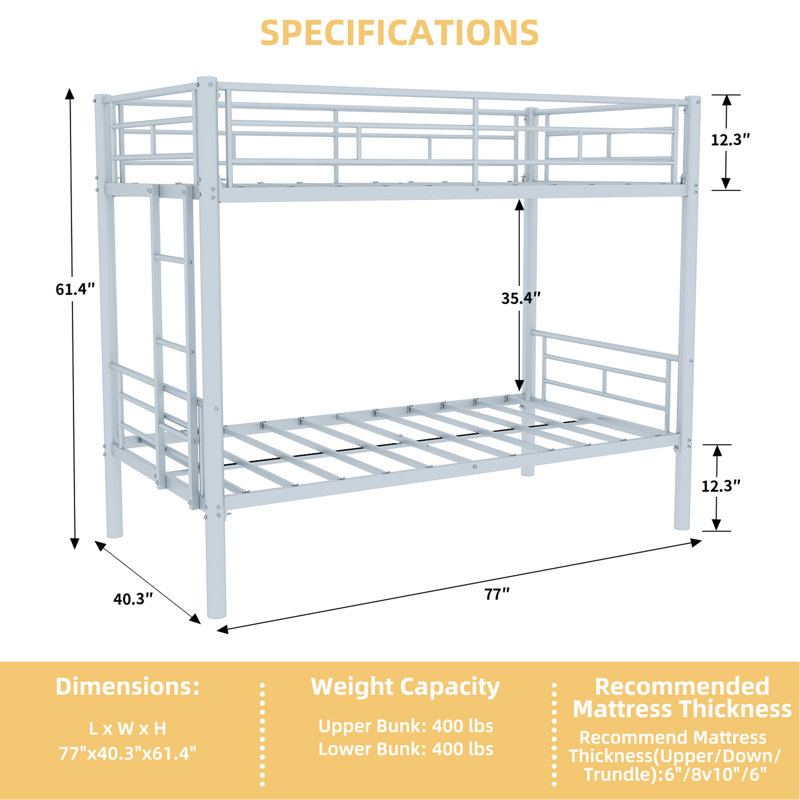 Lit superposé simple au-dessus d'un lit simple pour enfants avec structure en métal avec échelles et garde-corps, 2 lits convertibles, aucun sommier requis