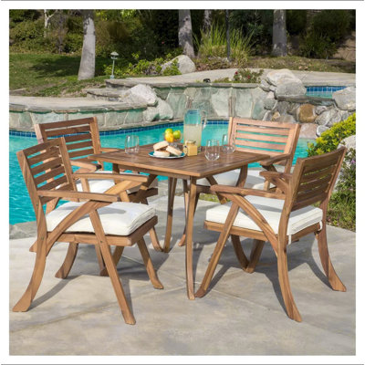 Outdoor Hermosa 5 Piece Wood Dining Set With Cushions, Teak Finish With Beige Cushion