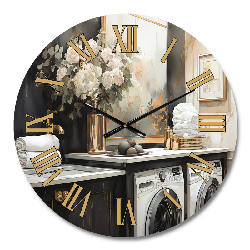 Laundry Room Art Deco II - Bath & Laundry Golden Face Wall Clock, Medium