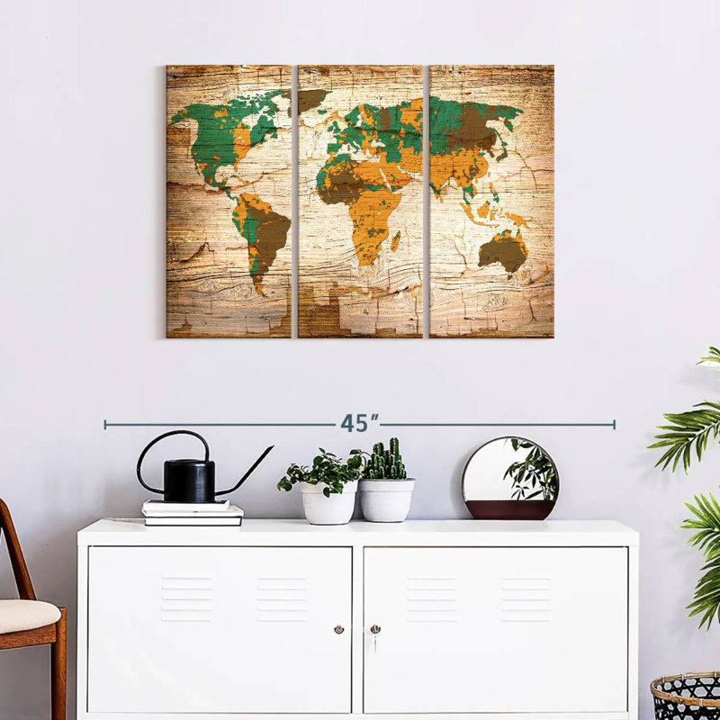 Carte du monde en bois Safari, carte du monde sur toile, 3 pièces, H 38 po x l 24 po x P 1,25 po