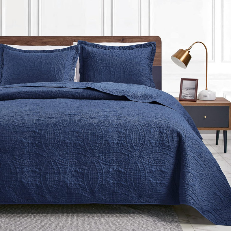 Courtepointe pour grand lit, couvre-lits bleu marine - édredon léger pour lit d'été doux - couvre-lit à motif de pièces de monnaie de style moderne pour toutes les saisons - 3 pièces (1 courtepointe, 2 taies décoratives)