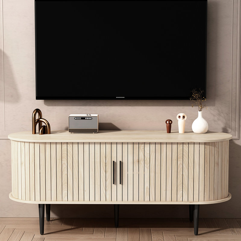 Meuble télé 47 po, rangement, porte coulissante, couleur bois naturel, centre de jeu, espaces variés
